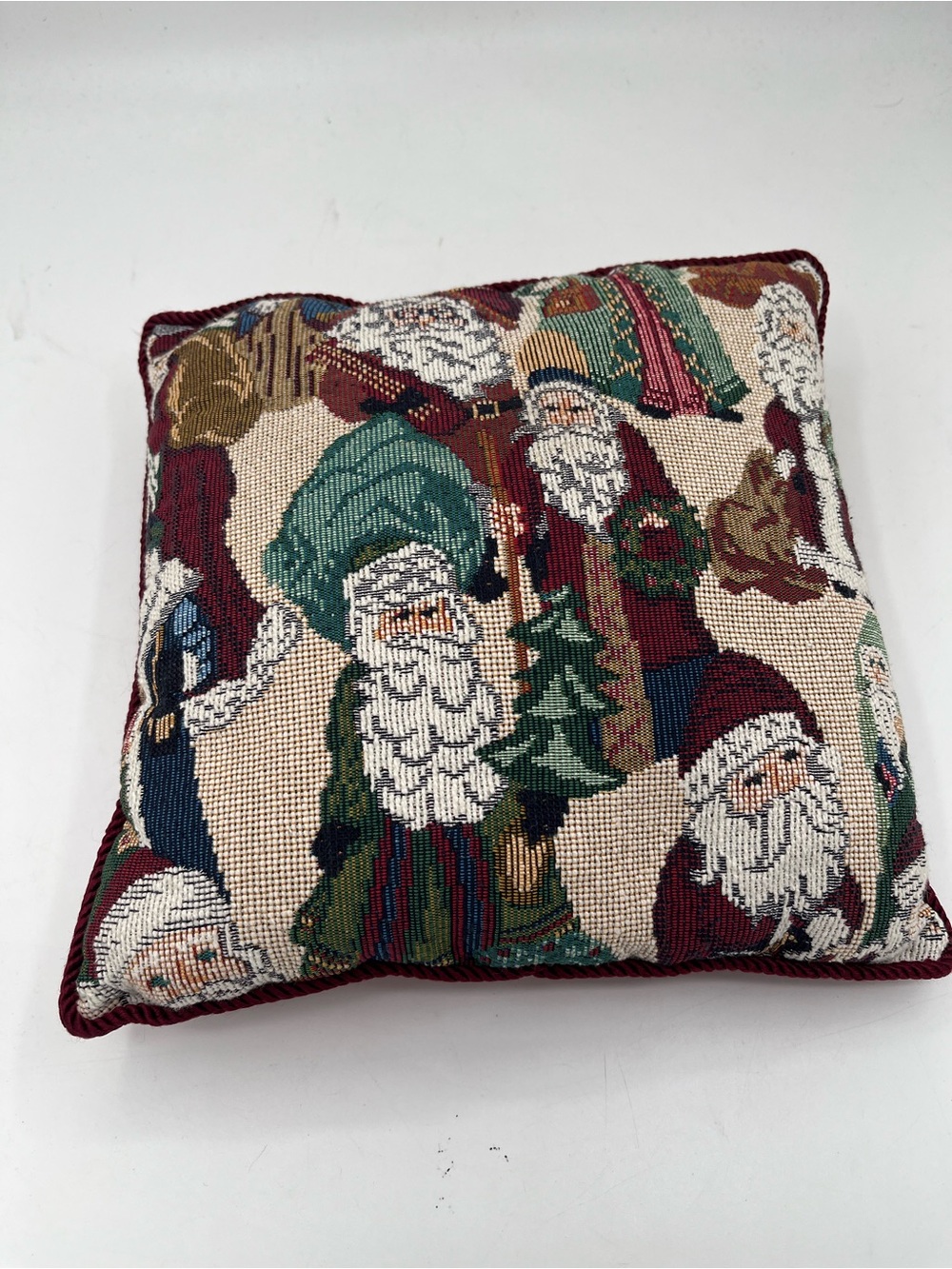 Vintage Santa Tapestry Accent Pillow in Burgundy & Green